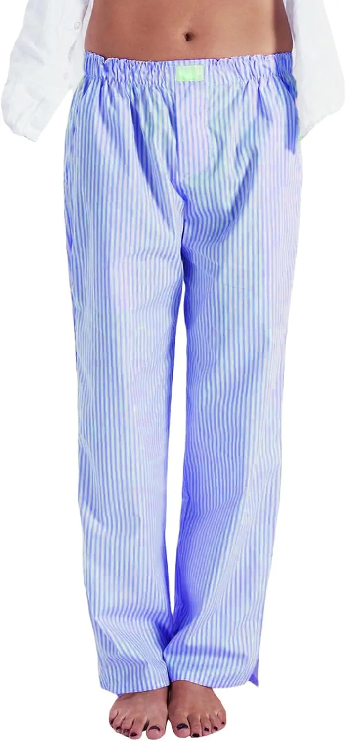 Women Striped Pants Pajama Boxer Wide Leg Elastic Waist Pants Y2K Lounge Bottoms Sleepwear