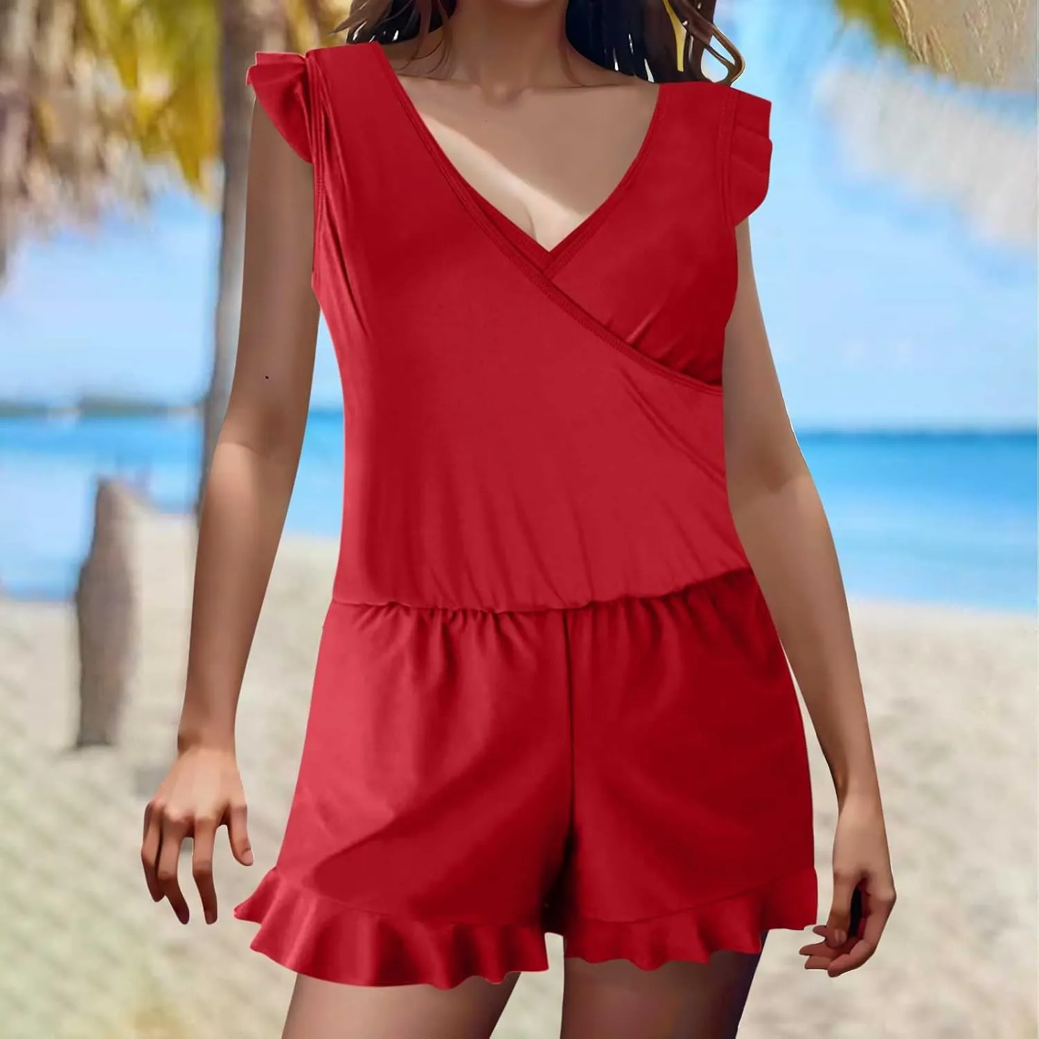 Women Swim Romper with Built in Bra and Pockets, One Piece Full Coverage Bathing Suits Boyleg Jumpsuit Swimsuit