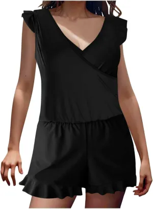 Women Swim Romper with Built in Bra and Pockets, One Piece Full Coverage Bathing Suits Boyleg Jumpsuit Swimsuit