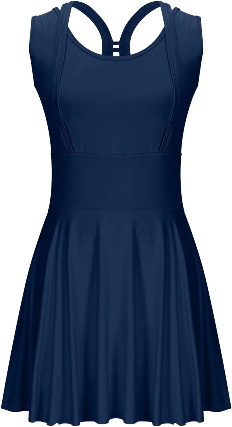 Women Swimwear Dress A Line Tummy Control Round Neck Sleeveless Swim Dress Pleated Swing Modest Skirt Bathing Suit