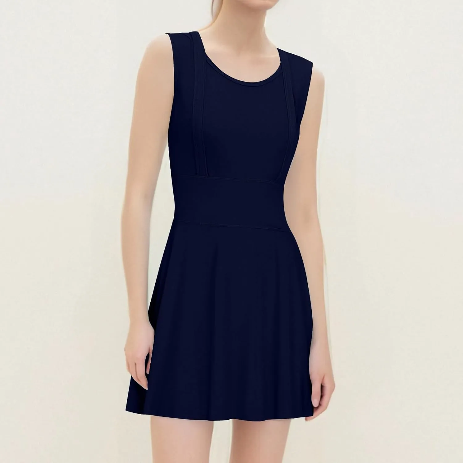 Women Swimwear Dress A Line Tummy Control Round Neck Sleeveless Swim Dress Pleated Swing Modest Skirt Bathing Suit