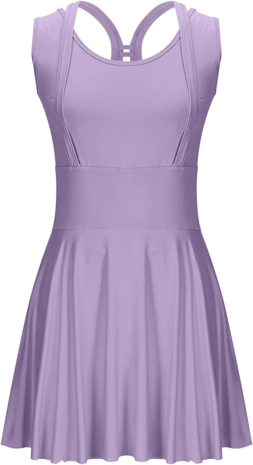 Women Swimwear Dress A Line Tummy Control Round Neck Sleeveless Swim Dress Pleated Swing Modest Skirt Bathing Suit