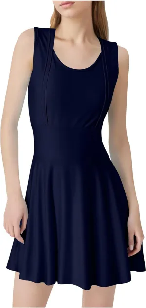 Women Swimwear Dress A Line Tummy Control Round Neck Sleeveless Swim Dress Pleated Swing Modest Skirt Bathing Suit