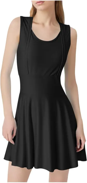 Women Swimwear Dress A Line Tummy Control Round Neck Sleeveless Swim Dress Pleated Swing Modest Skirt Bathing Suit