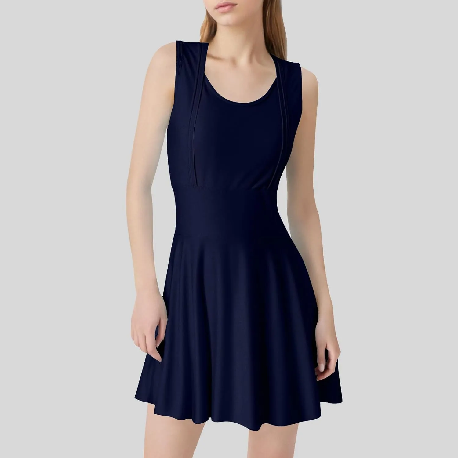 Women Swimwear Dress A Line Tummy Control Round Neck Sleeveless Swim Dress Pleated Swing Modest Skirt Bathing Suit