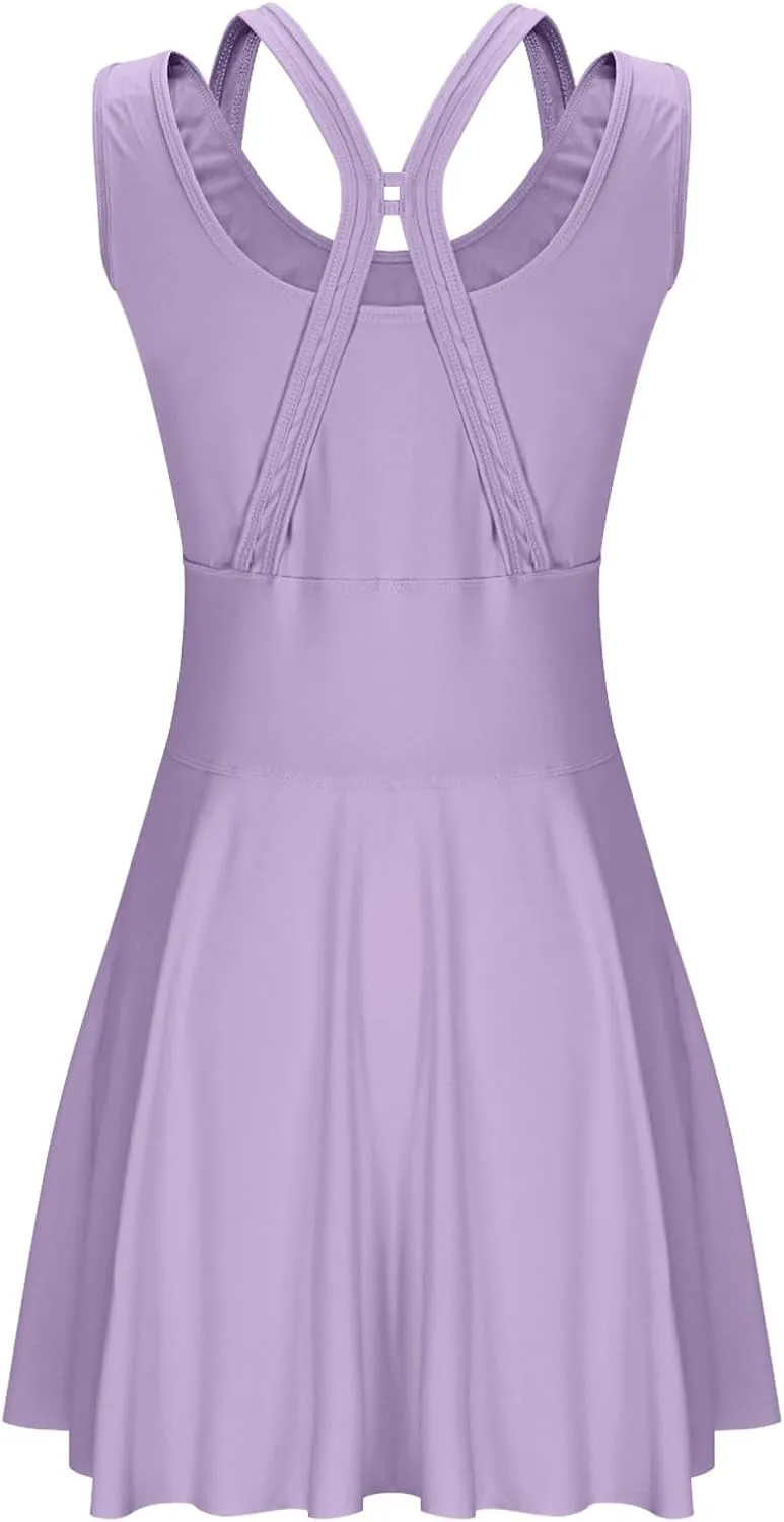 Women Swimwear Dress A Line Tummy Control Round Neck Sleeveless Swim Dress Pleated Swing Modest Skirt Bathing Suit