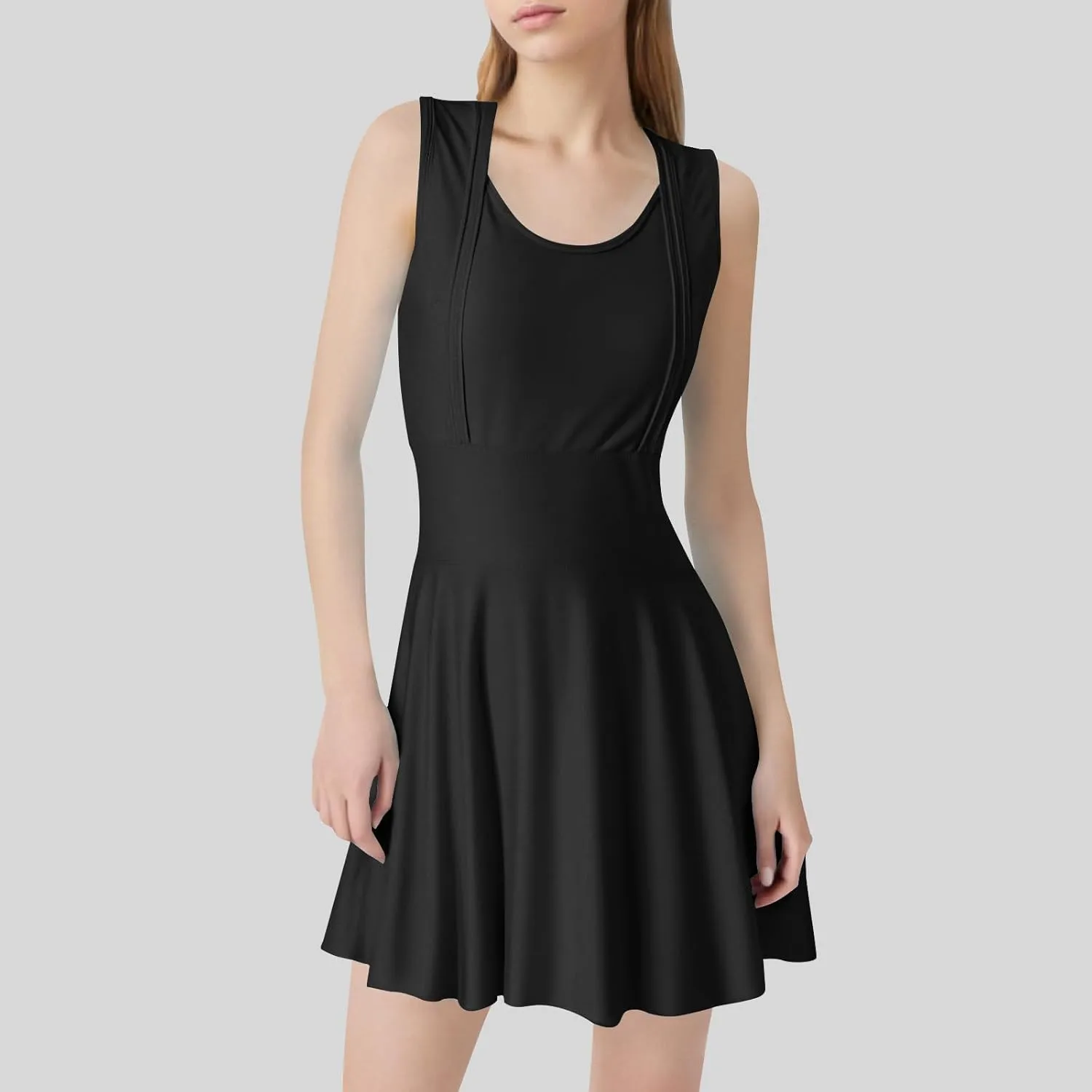 Women Swimwear Dress A Line Tummy Control Round Neck Sleeveless Swim Dress Pleated Swing Modest Skirt Bathing Suit
