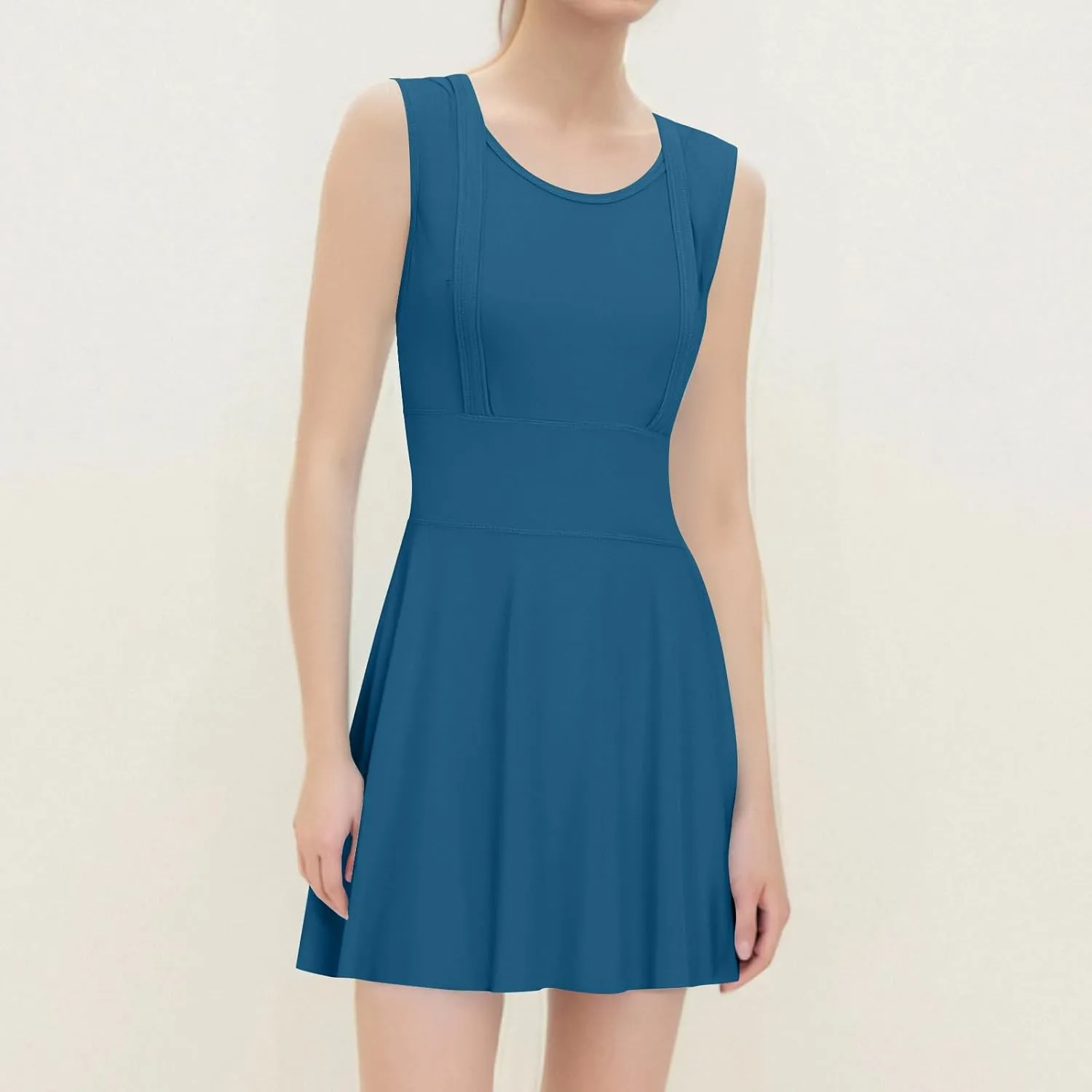 Women Swimwear Dress A Line Tummy Control Round Neck Sleeveless Swim Dress Pleated Swing Modest Skirt Bathing Suit