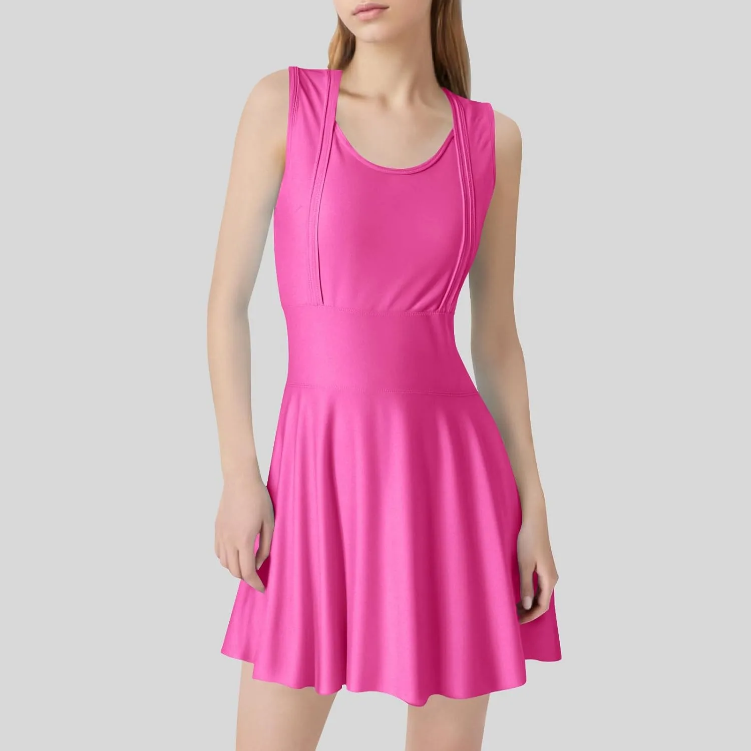 Women Swimwear Dress A Line Tummy Control Round Neck Sleeveless Swim Dress Pleated Swing Modest Skirt Bathing Suit