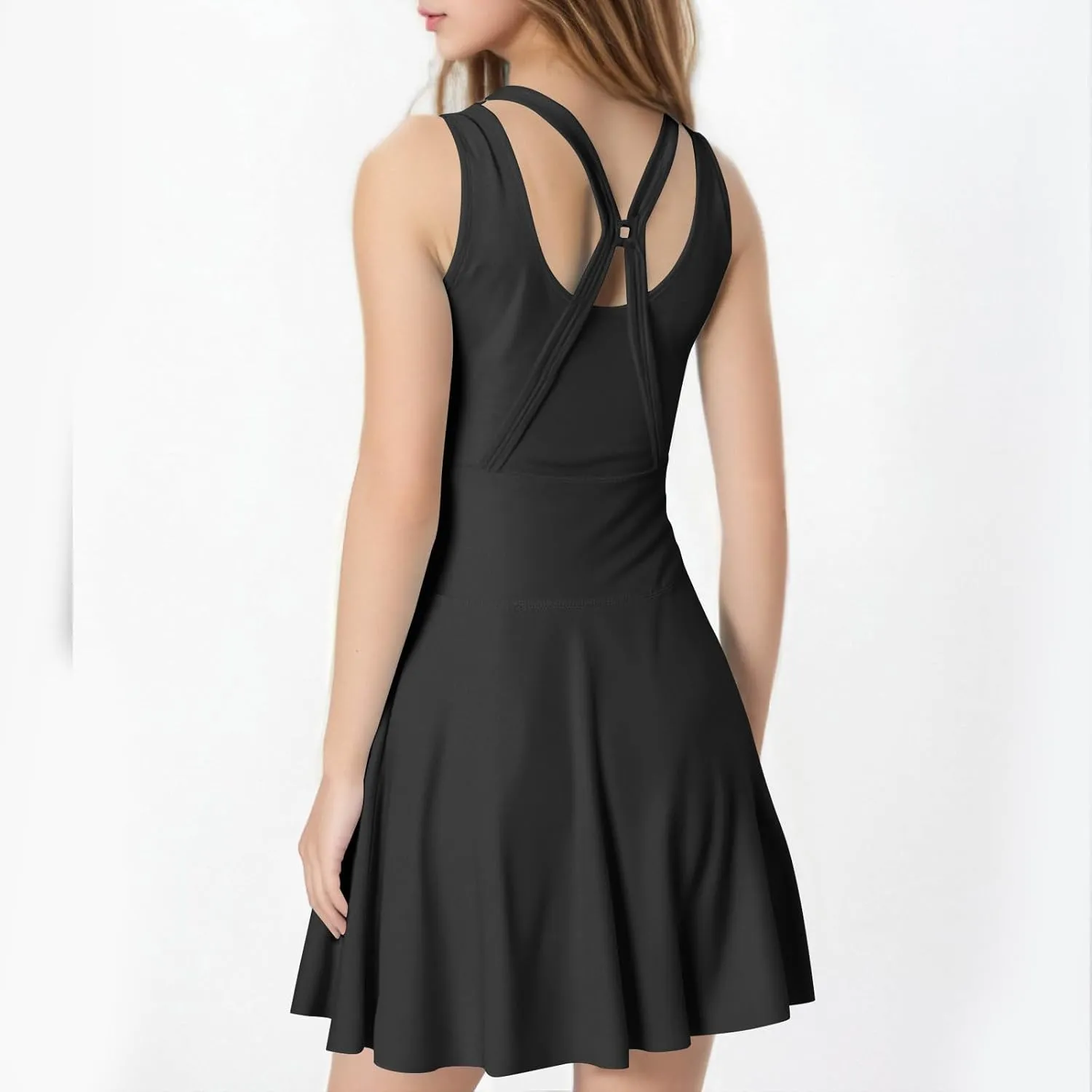 Women Swimwear Dress A Line Tummy Control Round Neck Sleeveless Swim Dress Pleated Swing Modest Skirt Bathing Suit