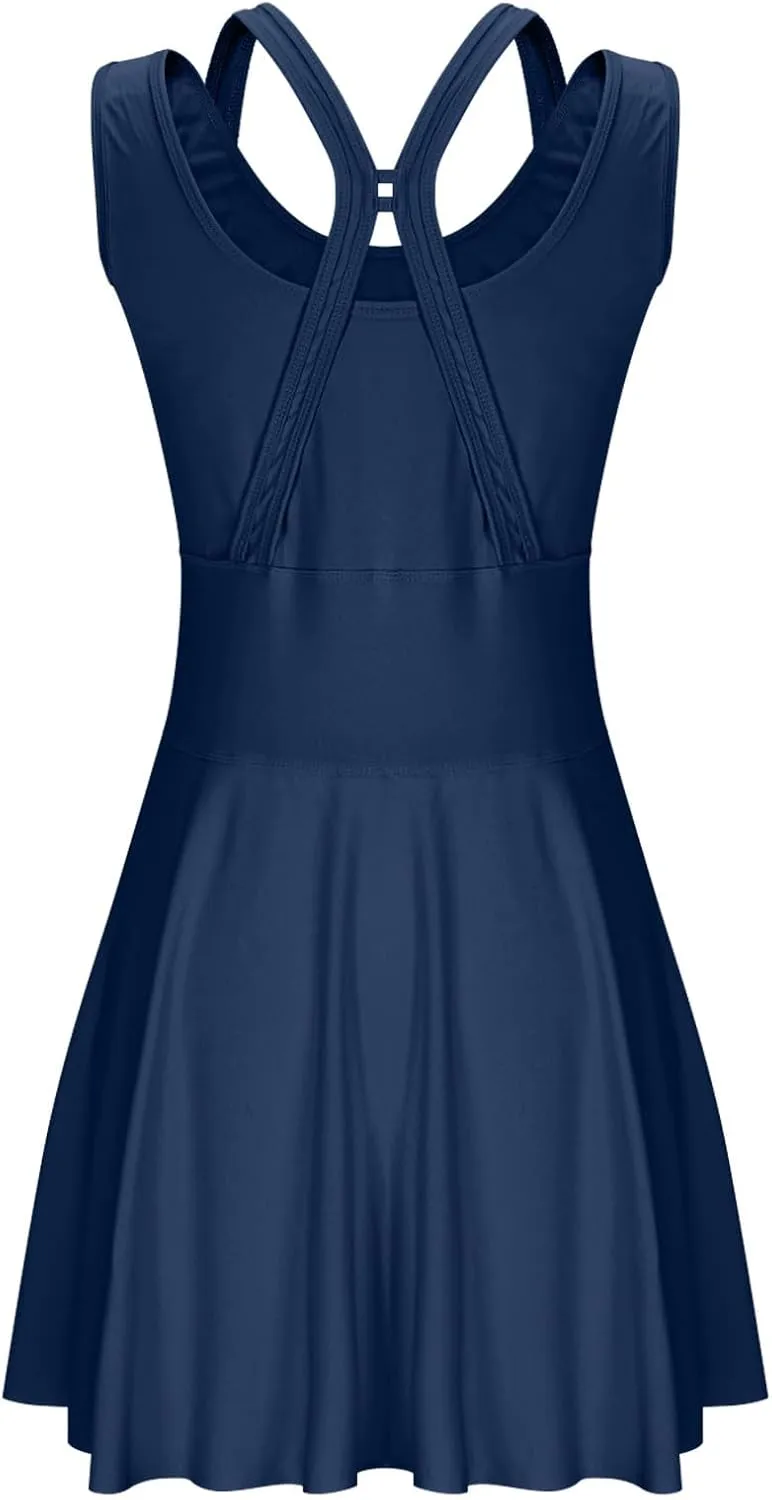 Women Swimwear Dress A Line Tummy Control Round Neck Sleeveless Swim Dress Pleated Swing Modest Skirt Bathing Suit