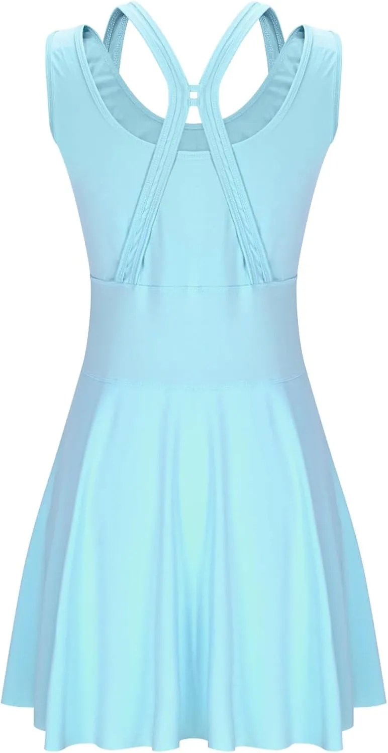 Women Swimwear Dress A Line Tummy Control Round Neck Sleeveless Swim Dress Pleated Swing Modest Skirt Bathing Suit