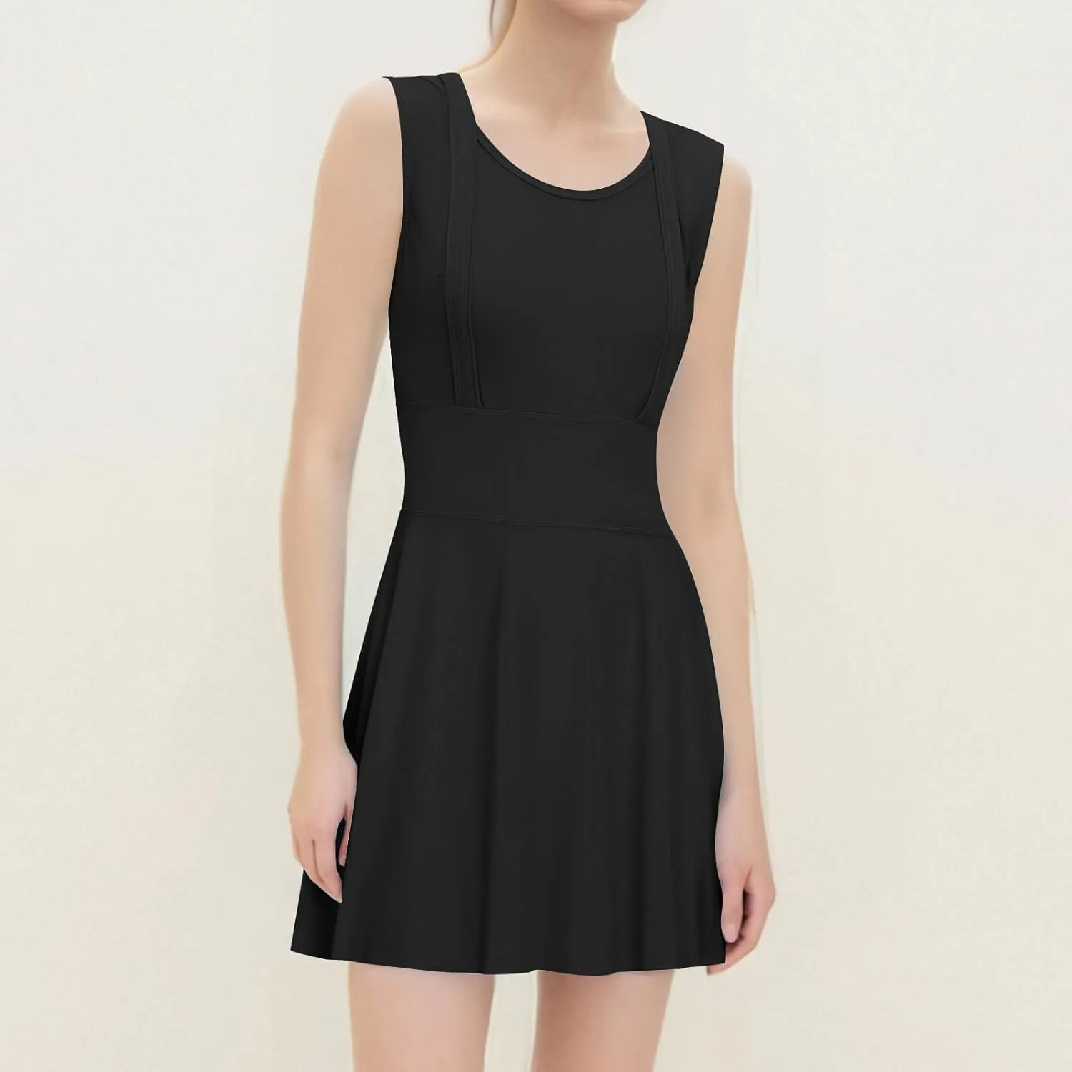 Women Swimwear Dress A Line Tummy Control Round Neck Sleeveless Swim Dress Pleated Swing Modest Skirt Bathing Suit