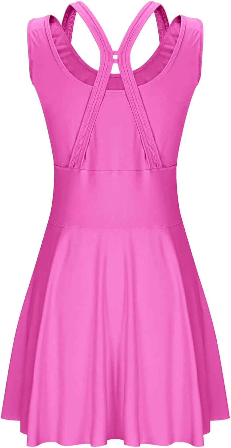 Women Swimwear Dress A Line Tummy Control Round Neck Sleeveless Swim Dress Pleated Swing Modest Skirt Bathing Suit