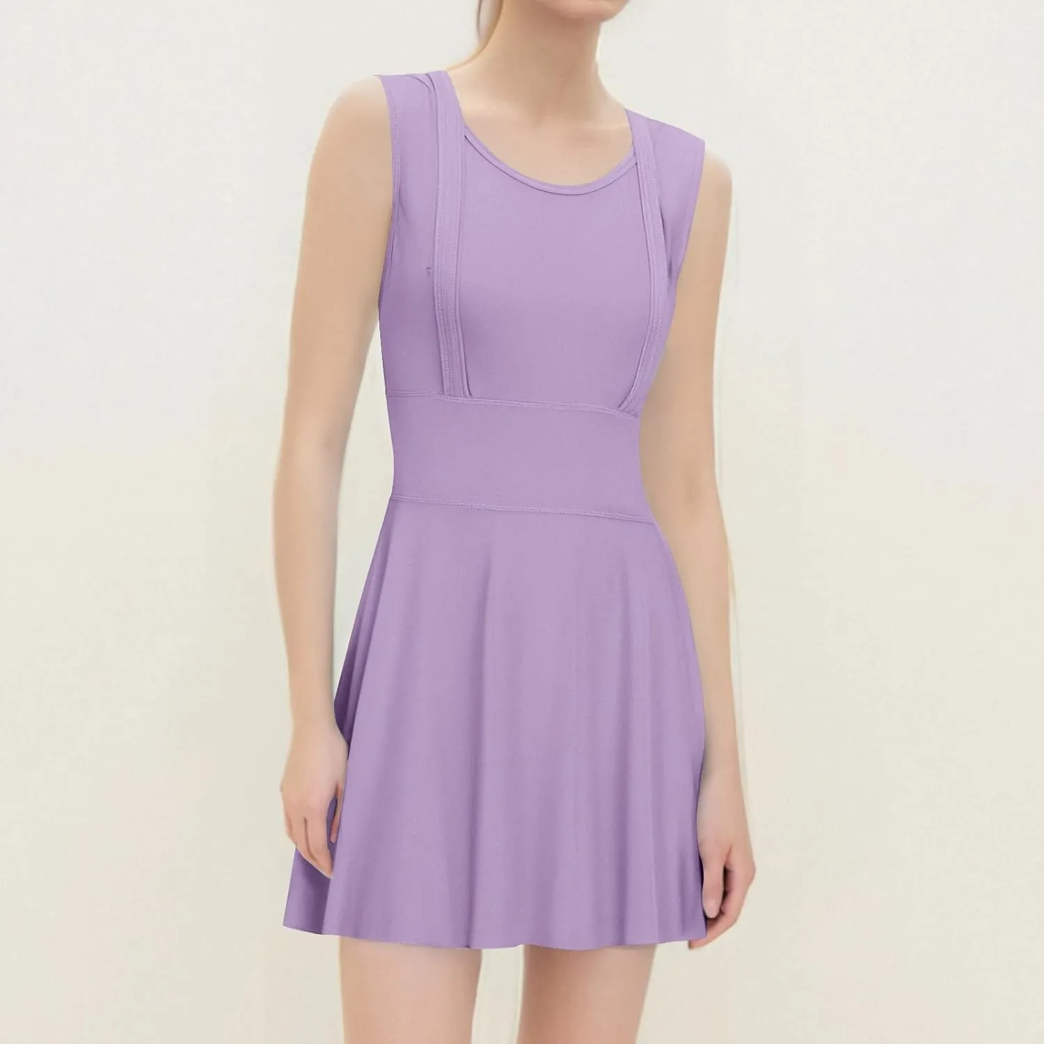 Women Swimwear Dress A Line Tummy Control Round Neck Sleeveless Swim Dress Pleated Swing Modest Skirt Bathing Suit