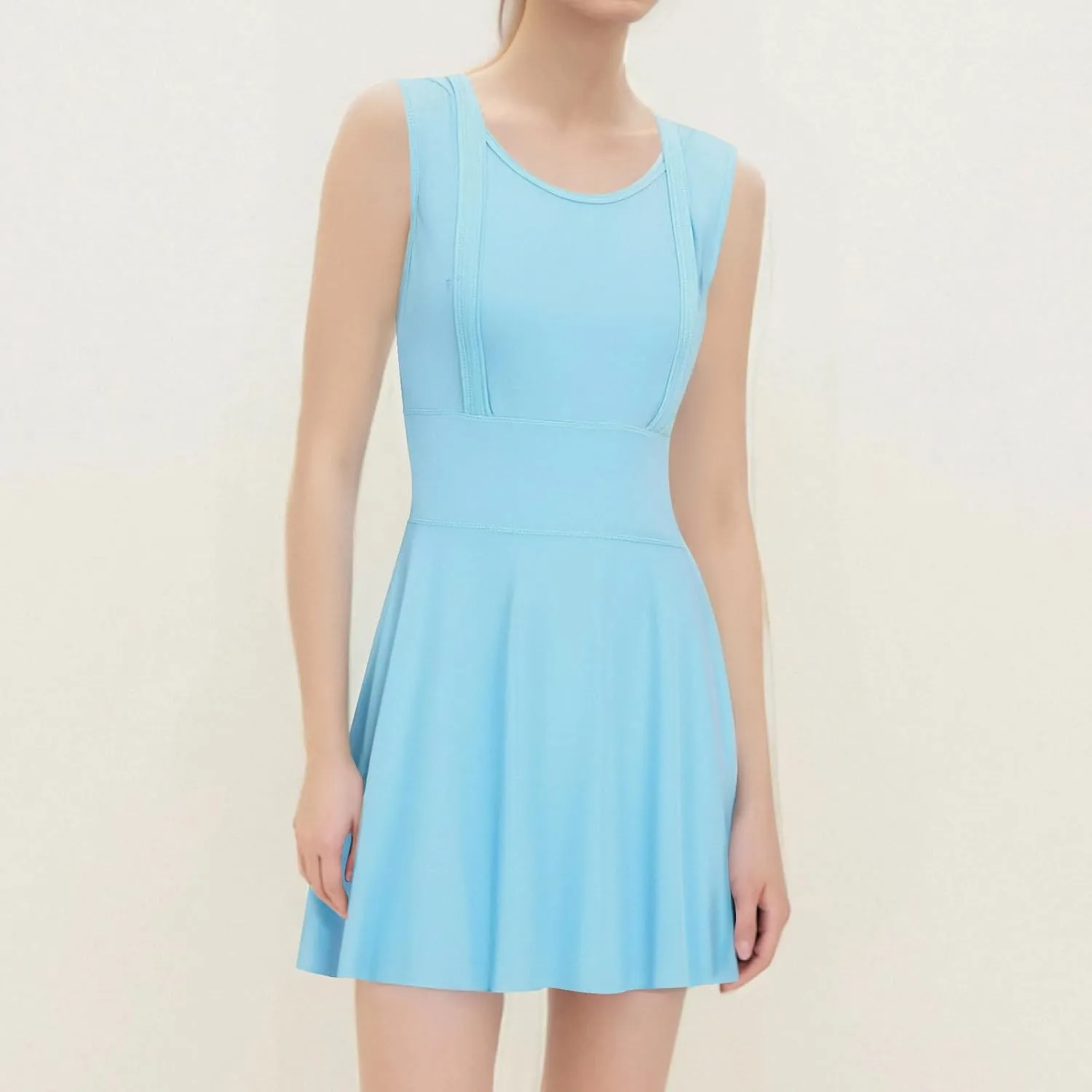 Women Swimwear Dress A Line Tummy Control Round Neck Sleeveless Swim Dress Pleated Swing Modest Skirt Bathing Suit