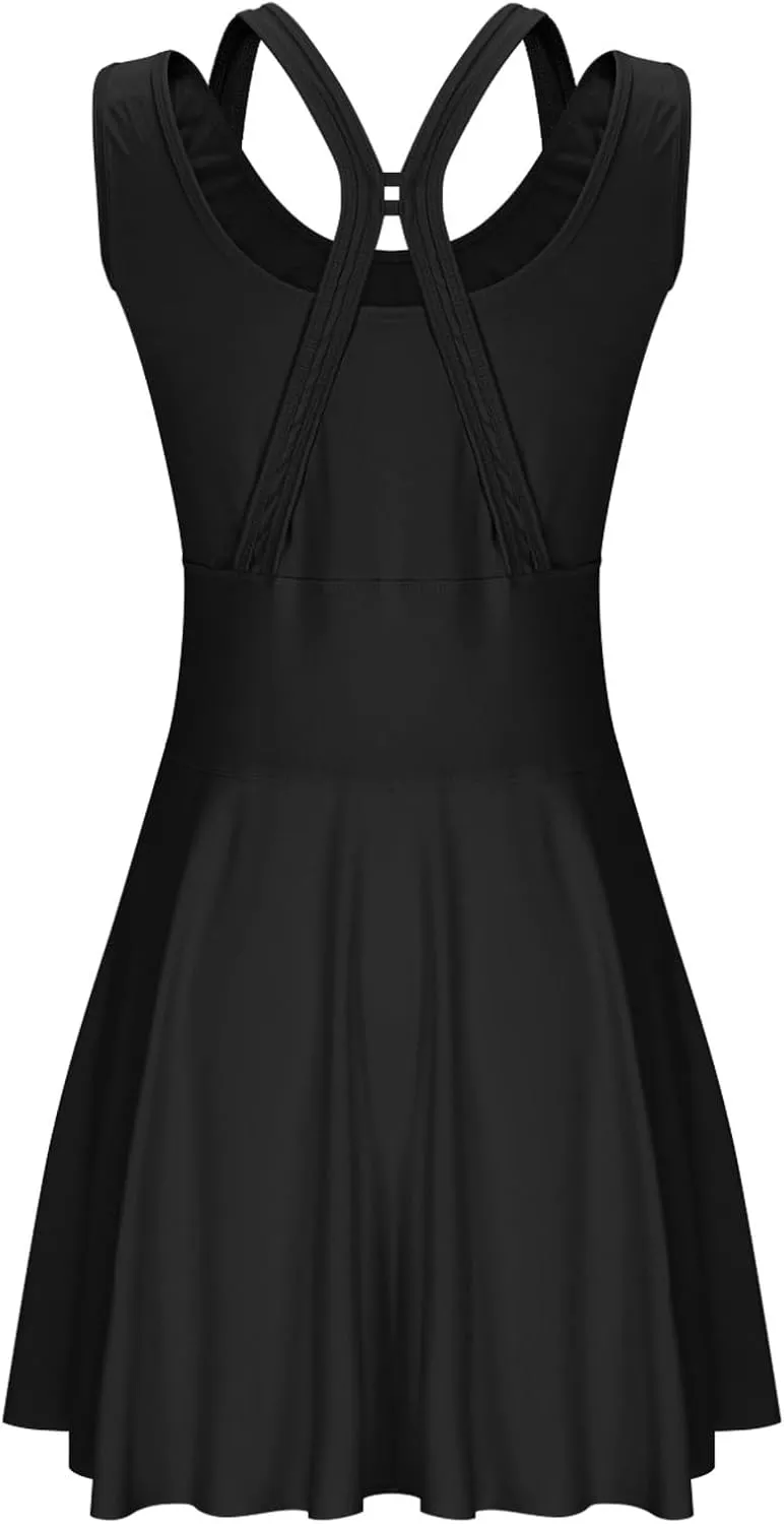 Women Swimwear Dress A Line Tummy Control Round Neck Sleeveless Swim Dress Pleated Swing Modest Skirt Bathing Suit