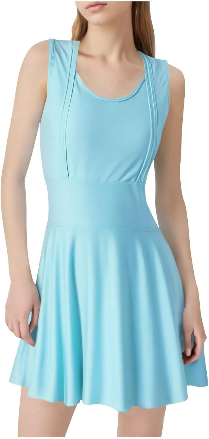 Women Swimwear Dress A Line Tummy Control Round Neck Sleeveless Swim Dress Pleated Swing Modest Skirt Bathing Suit