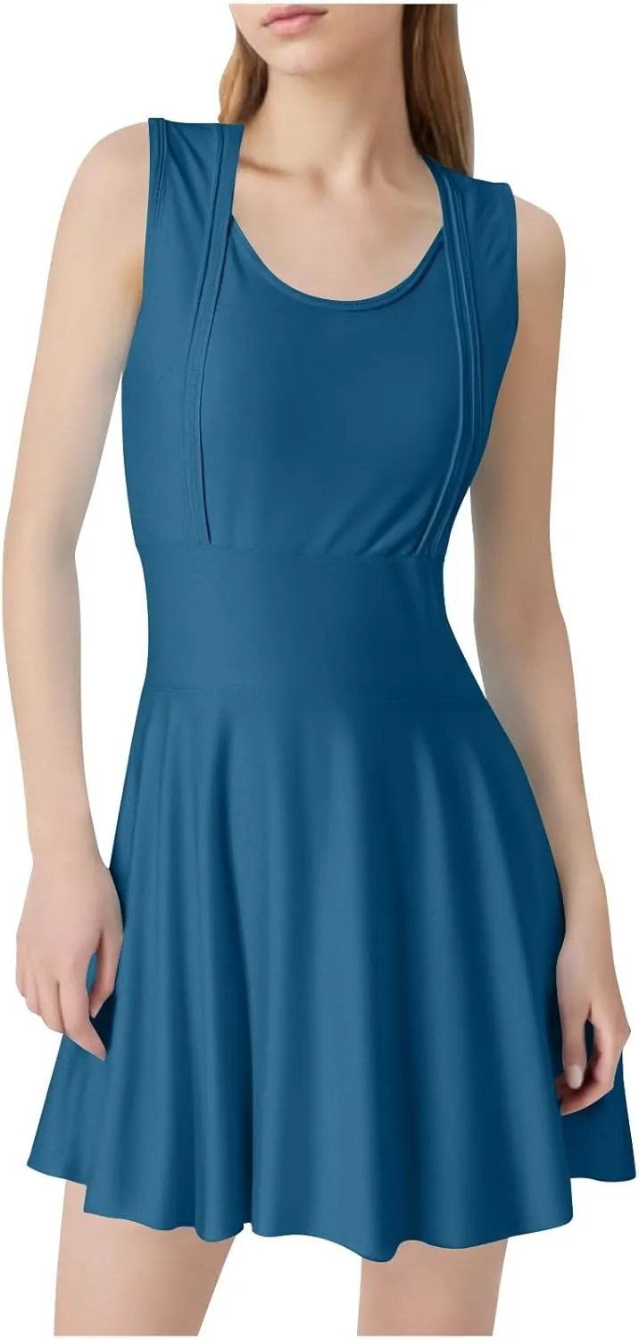 Women Swimwear Dress A Line Tummy Control Round Neck Sleeveless Swim Dress Pleated Swing Modest Skirt Bathing Suit