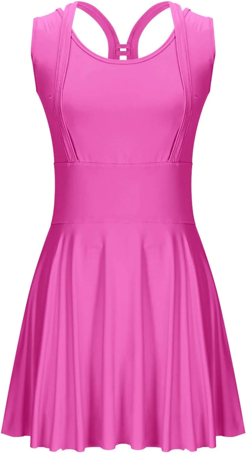 Women Swimwear Dress A Line Tummy Control Round Neck Sleeveless Swim Dress Pleated Swing Modest Skirt Bathing Suit