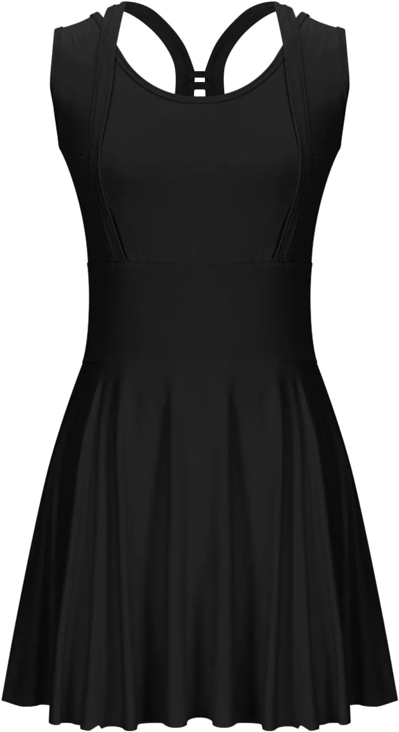 Women Swimwear Dress A Line Tummy Control Round Neck Sleeveless Swim Dress Pleated Swing Modest Skirt Bathing Suit