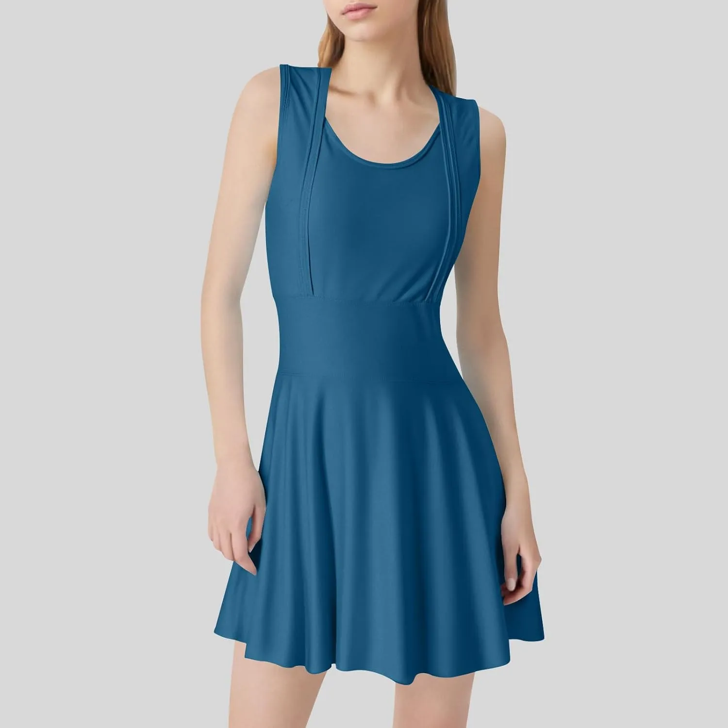 Women Swimwear Dress A Line Tummy Control Round Neck Sleeveless Swim Dress Pleated Swing Modest Skirt Bathing Suit