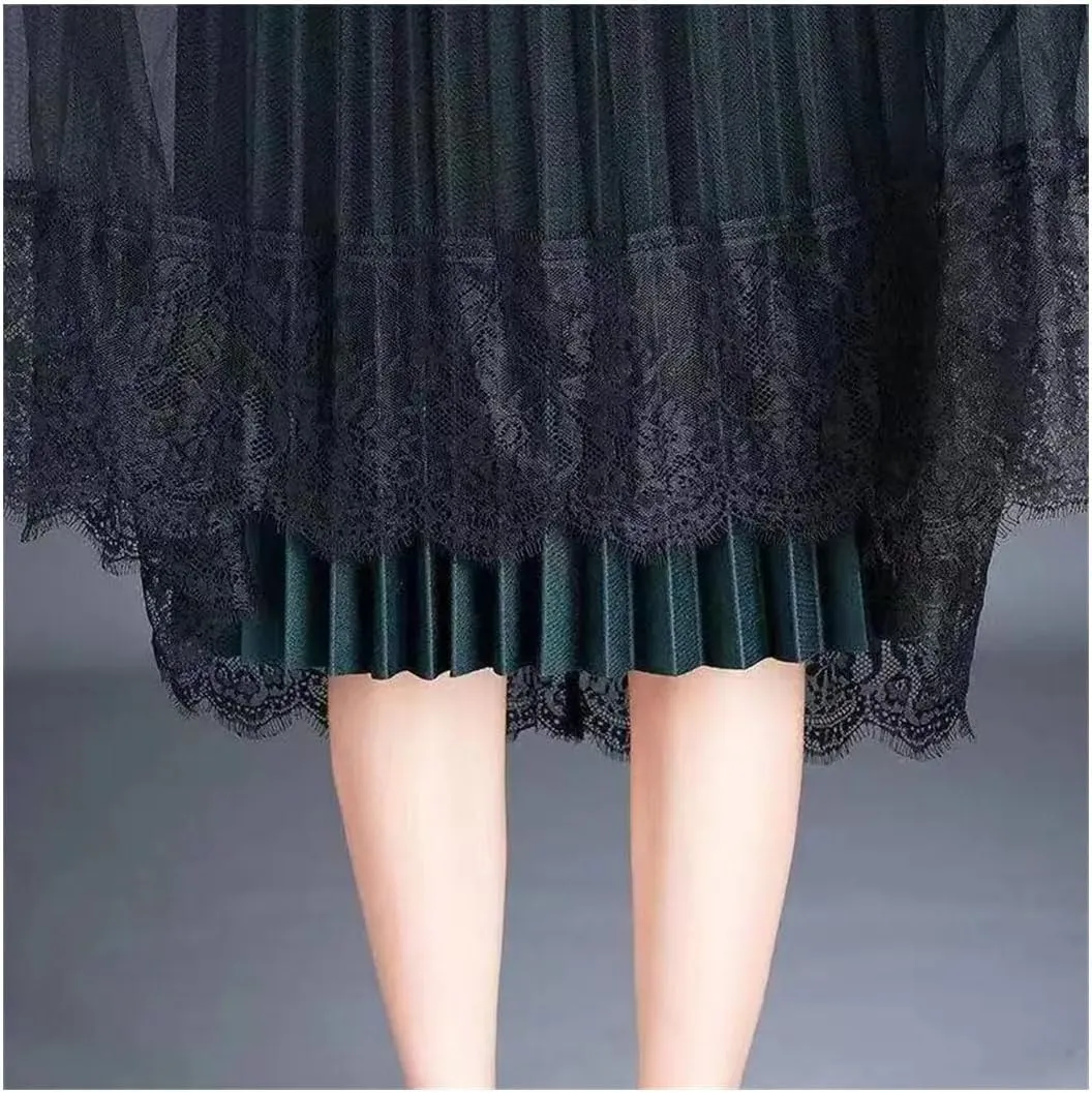 Women Vintage Lace Spliced Mesh Skirt Spring Fashion Pleated A-Line Skirts Loose Midi High-Waisted Skirts