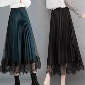 Women Vintage Lace Spliced Mesh Skirt Spring Fashion Pleated A-Line Skirts Loose Midi High-Waisted Skirts