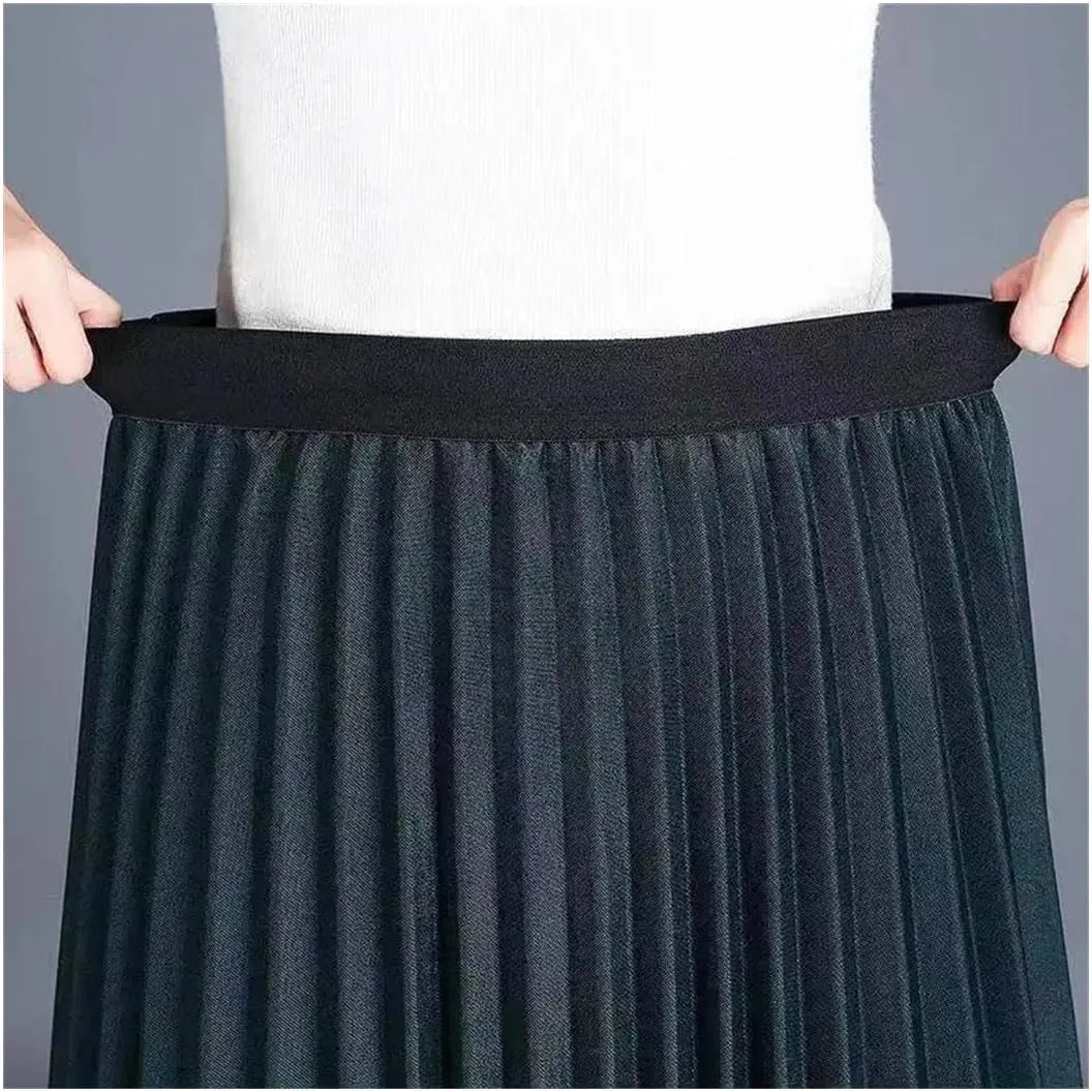 Women Vintage Lace Spliced Mesh Skirt Spring Fashion Pleated A-Line Skirts Loose Midi High-Waisted Skirts