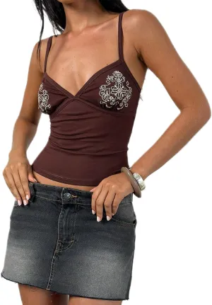 Women Y2K Slim Fit V Neck Cami Top Spaghetti Straps Low Cut Print Camisole Sexy Lace Trim Going Out Summer Crop Tops