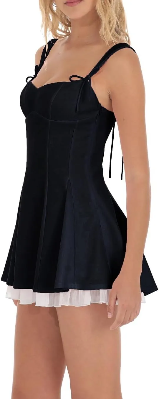 Women Y2K Square Neck Mini Dress Lace Ruffle A-Line Going Out Dress Spaghetti Strap Backless Bustier Sundress
