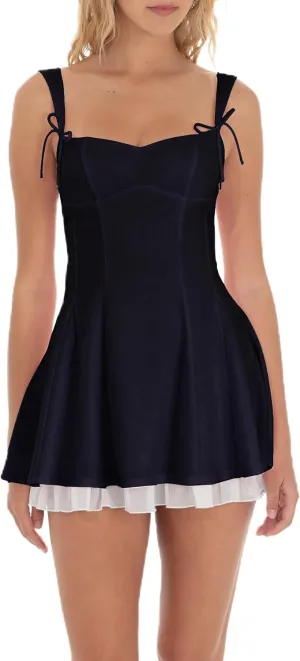 Women Y2K Square Neck Mini Dress Lace Ruffle A-Line Going Out Dress Spaghetti Strap Backless Bustier Sundress