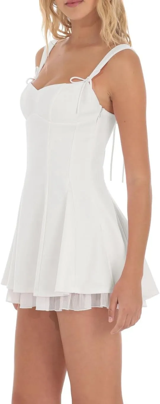 Women Y2K Square Neck Mini Dress Lace Ruffle A-Line Going Out Dress Spaghetti Strap Backless Bustier Sundress