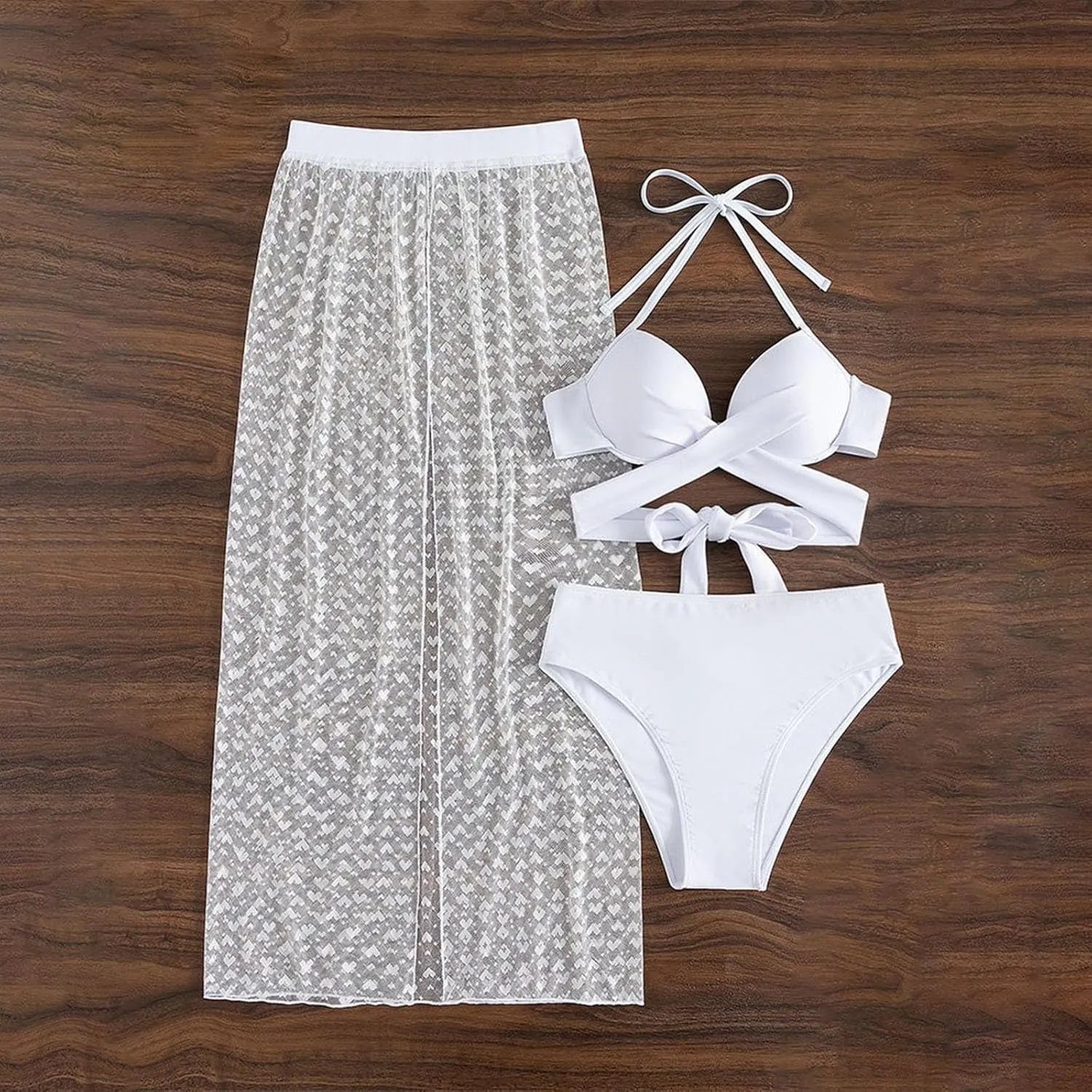 Women's 3 Piece Bikini Set with Long Sarong Split Cover Up Sexy Backless Swimsuit Criss Cross Strapless Bathing Suit