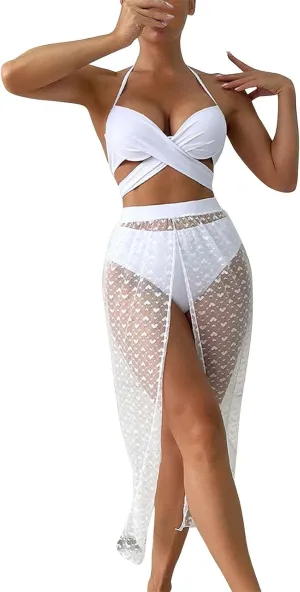 Women's 3 Piece Bikini Set with Long Sarong Split Cover Up Sexy Backless Swimsuit Criss Cross Strapless Bathing Suit