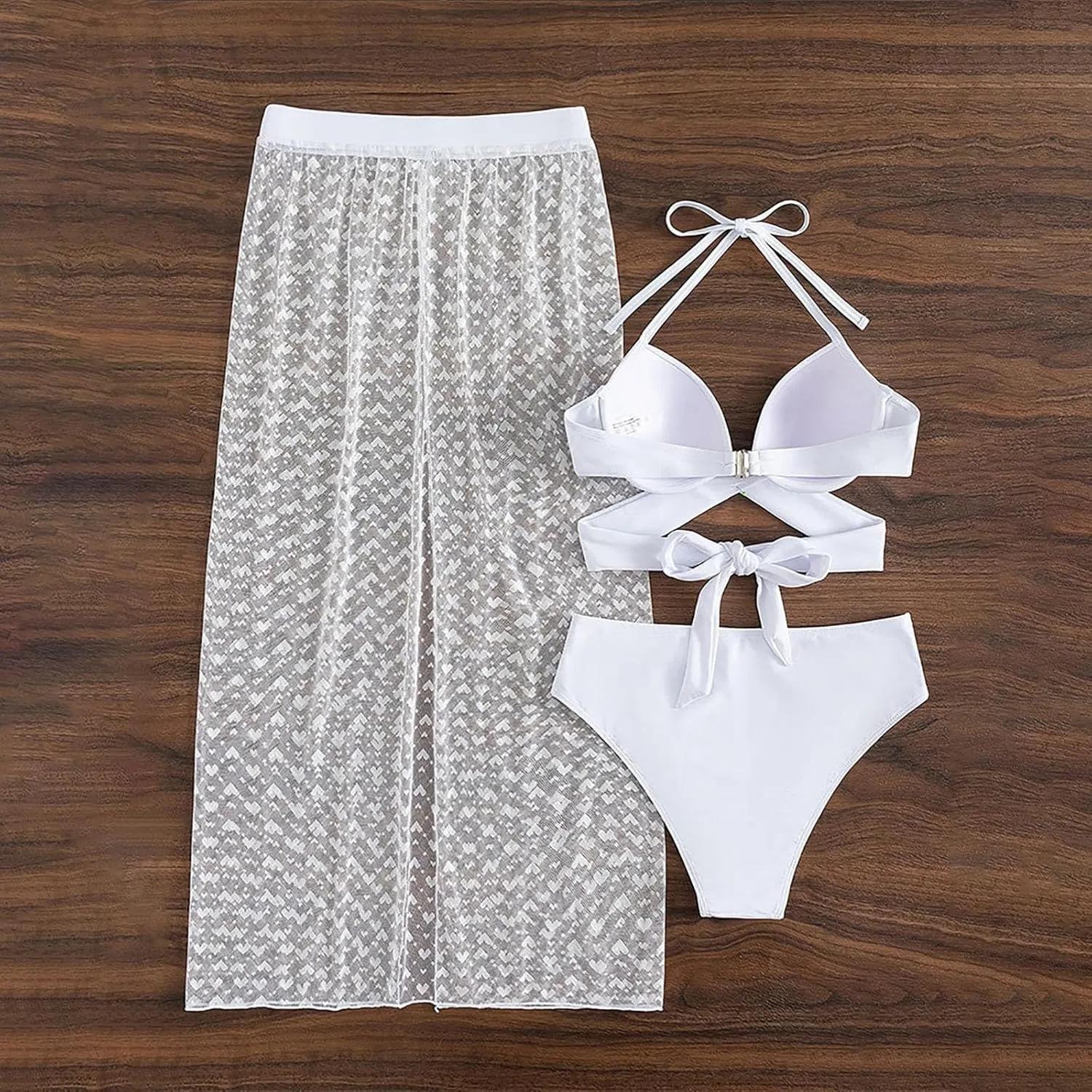 Women's 3 Piece Bikini Set with Long Sarong Split Cover Up Sexy Backless Swimsuit Criss Cross Strapless Bathing Suit