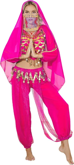 Women's 5Pcs Belly Dance Costume Set Long Sleeves Crop Top Long Pants for Stage Performance