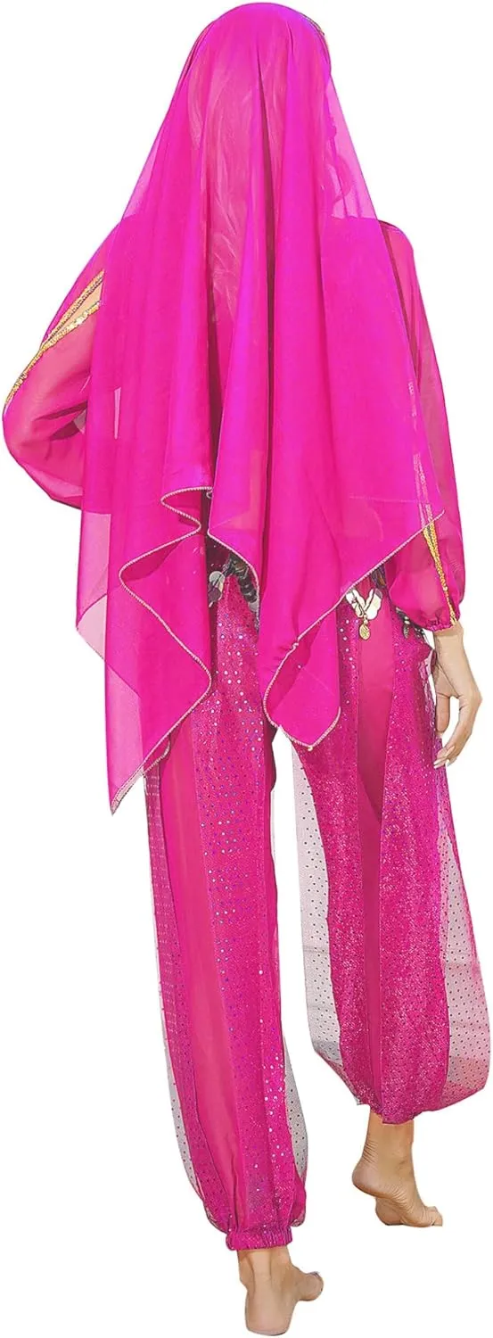 Women's 5Pcs Belly Dance Costume Set Long Sleeves Crop Top Long Pants for Stage Performance