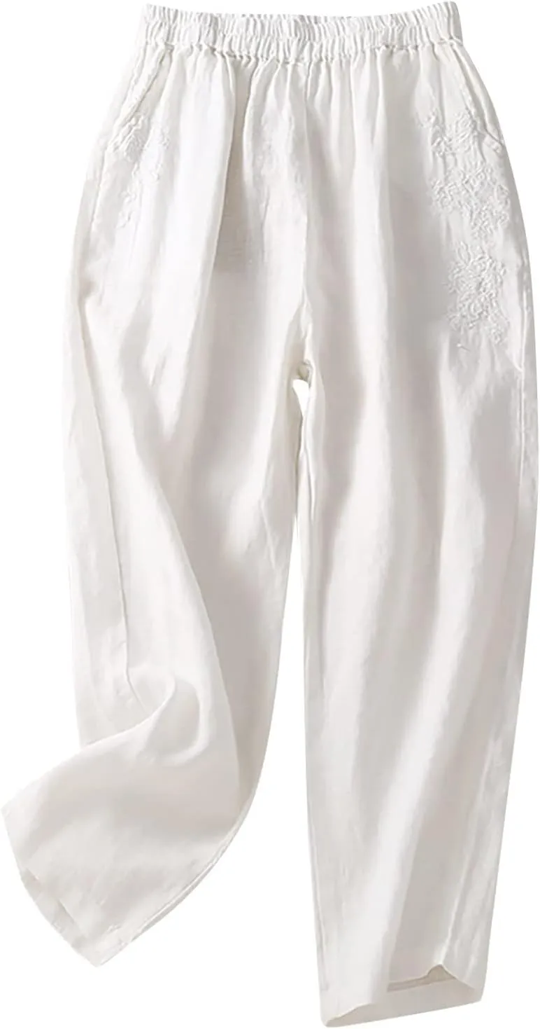 Women's Athletic Leggings Ladies Trousers High Waist Wide Leg Trouser Fit Loose Work Office Elastic Long (White, XXL)