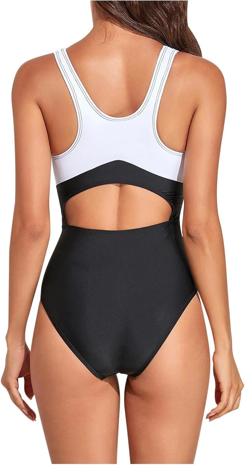 Womens Athletic One Piece Swimsuits Racerback Cutout Crewneck Colorblock Bathing Suit Modest Training Summer Swimwear