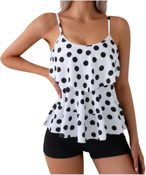 Women's Bathing Suits Vintage Dot Ruffle Tiered Camisole Tops and Slim Fit Boyleg Shorts Teen Girls Tankini Swimsuits