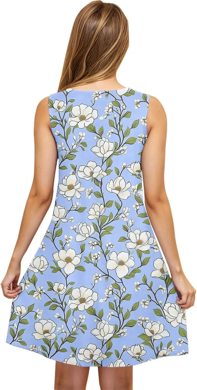 Womens Beach Dresses Loose Swimsuit Cover Ups Sleeveless Vacation Dresses Floral Swing Mini Dress Casual Dresses