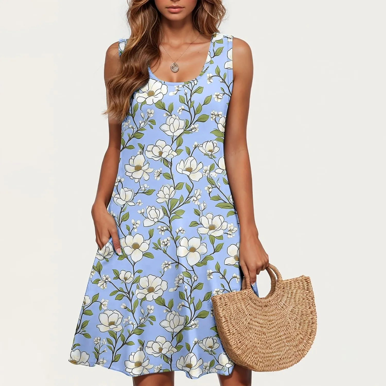 Womens Beach Dresses Loose Swimsuit Cover Ups Sleeveless Vacation Dresses Floral Swing Mini Dress Casual Dresses