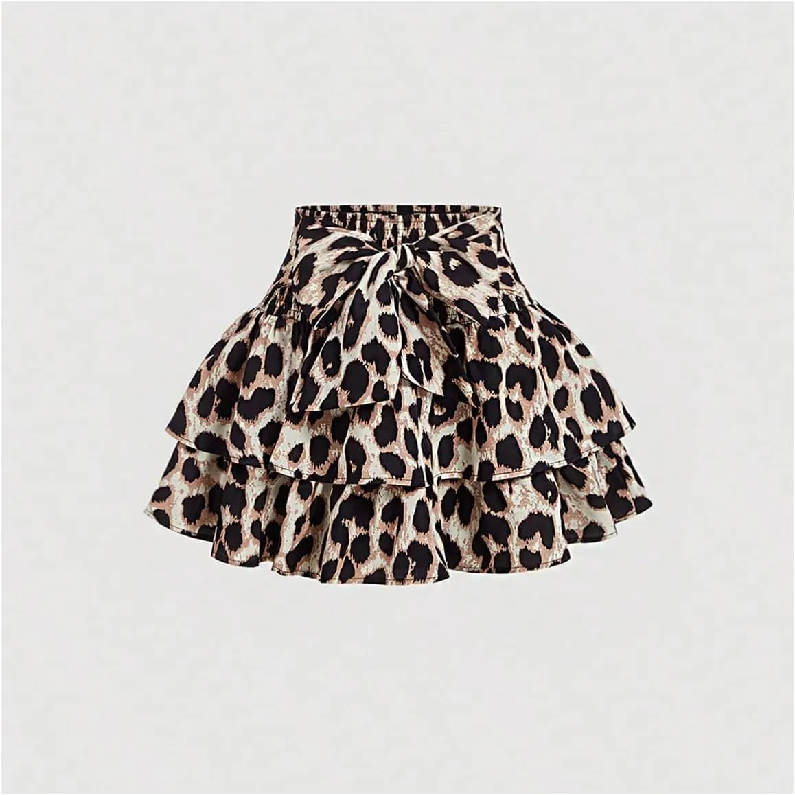 Women's Bow Front Mini Skirt High Shirred Waist Layered Ruffle Hem Short Cake Skirts