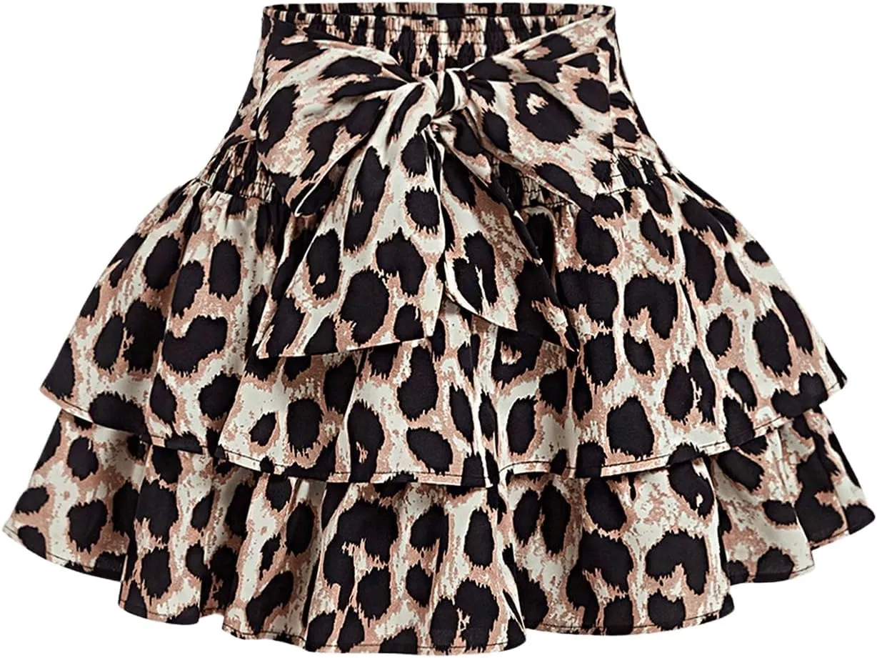 Women's Bow Front Mini Skirt High Shirred Waist Layered Ruffle Hem Short Cake Skirts