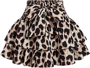 Women's Bow Front Mini Skirt High Shirred Waist Layered Ruffle Hem Short Cake Skirts