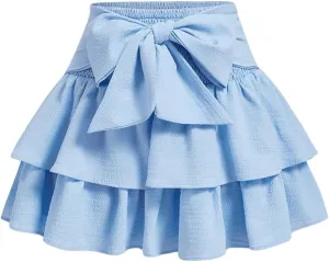 Women's Bow Front Mini Skirt High Shirred Waist Layered Ruffle Hem Short Cake Skirts