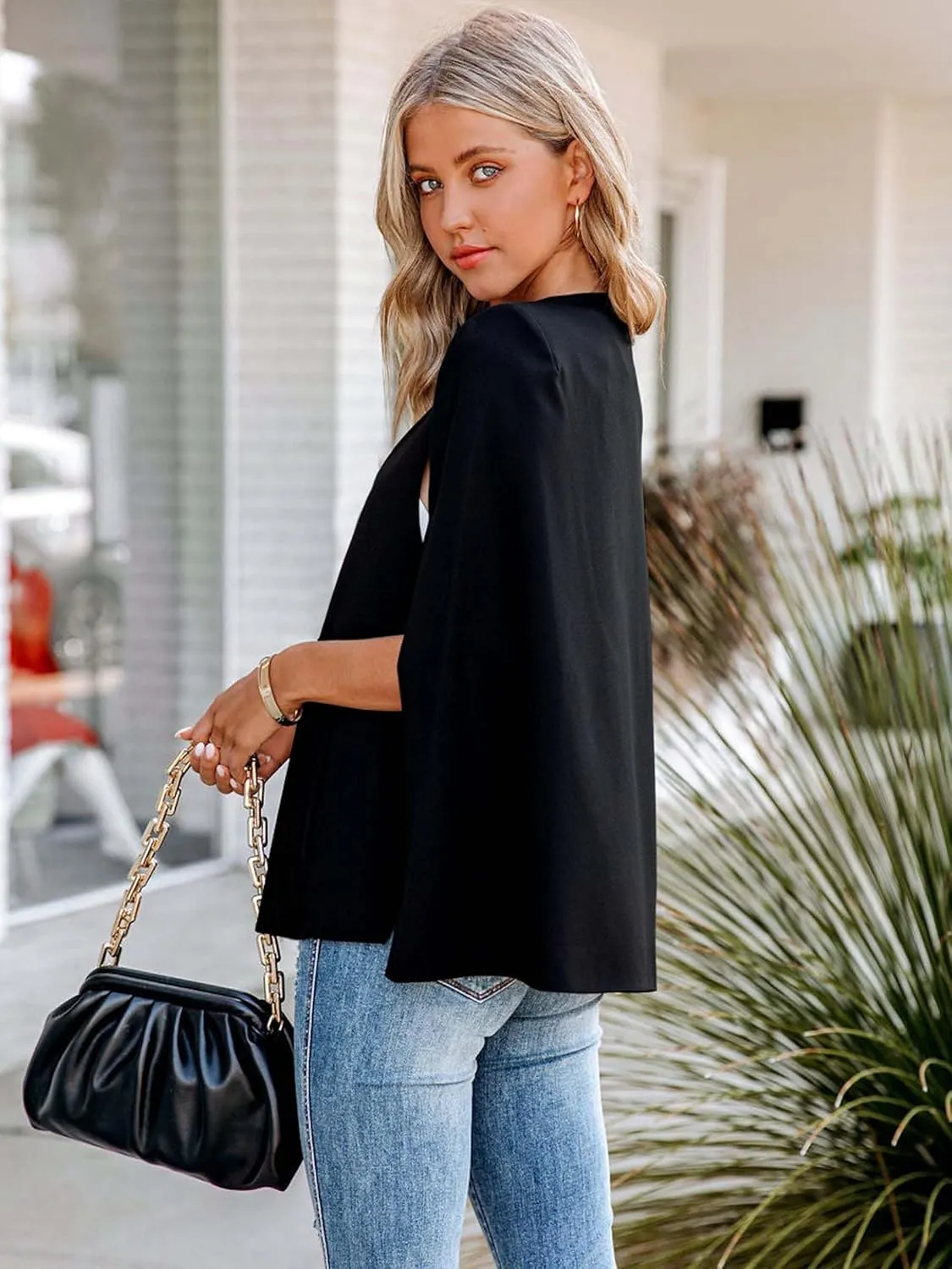 Women's Cape Blazer Split Long Sleeve Open Front Blazer Jacket Business Casual Suit Tops Cardigan Coats
