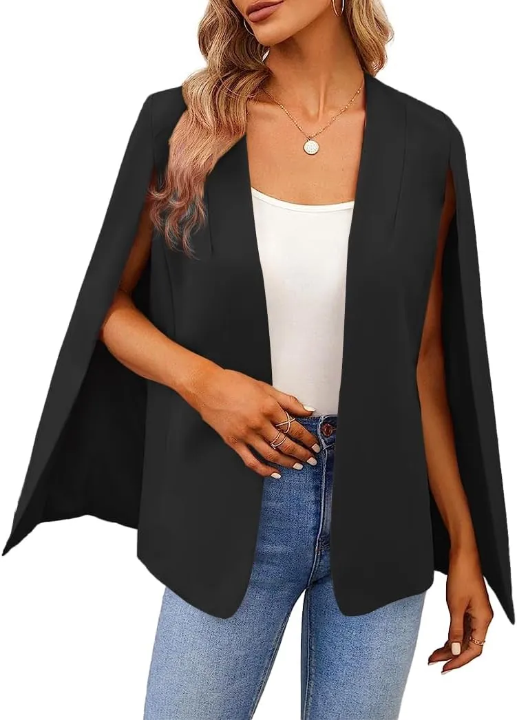 Women's Cape Blazer Split Long Sleeve Open Front Blazer Jacket Business Casual Suit Tops Cardigan Coats