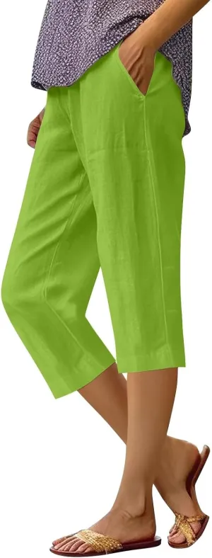 Women's Capri Pants High Waisted Linen Sweatpants Drawstring Petite Summer Beachwear Lightweight Elastic Waist Pants